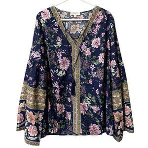 Suzanne Betro Weekend Size XL Boho Tunic‎ Long Bells Sleeves Tassels Hippie Gold